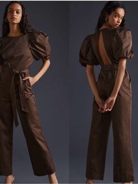 En Saison Chocolate Brown Puff-Sleeve Jumpsuit with Open Back